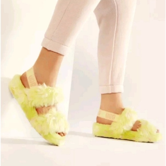 UGG | Oh Yeah Spots faux fur yellow green fuzzy double strap slippers size 6 - Picture 1 of 11